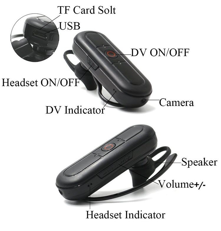 Bluetooth ականջակալ Թաքնված տեսախցիկ, TF Card Max 32G, Մարտկոցի աշխատանք 80min - 5