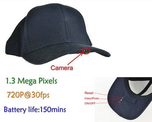 SPY Hat Camera DVR, 1.3 Mega Pixels, H.264, SD Card Max 32G, batterija twila Life 150min - 1