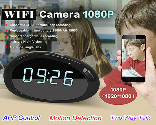 1080P WIFI Clock Camera, FHD 1080P, 158 degree wide-angle lens, H.264, Support 64G - 1