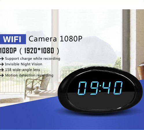 Kamera WiFi Clock, FHD 1080P, 1080 degre lajè-ang lens, H.158, Sipò pou 264G - 64