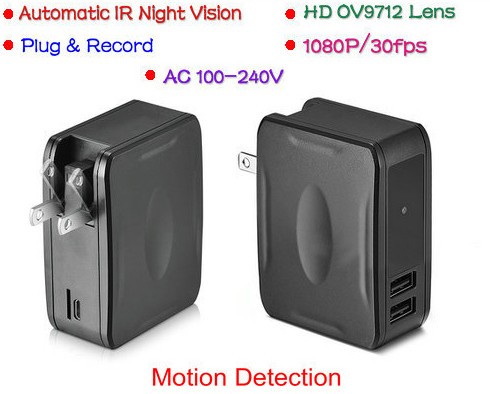 Wall Charger Camera DVR, 1080P,Plug & Record, Automatic IR Night Vision - 1