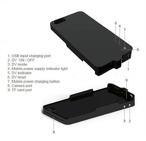 Iphone- ի Power Case տեսախցիկ, H.264 1080P, 5000mAh մարտկոց, TF 128G - 8