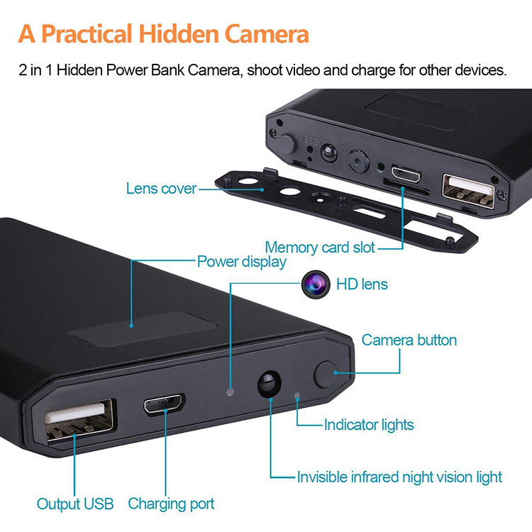 HD 1080P 10000mAh Portable Power Bank Camera, mitahiry tsy tapaka ny 20Hrs - 13