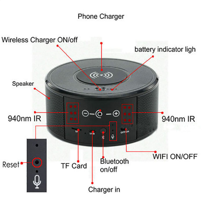 SPY300 - Kamera tal-iSpeaker WIFI, Ċarġer tal-Wireless + Speaker Bluetooth 01