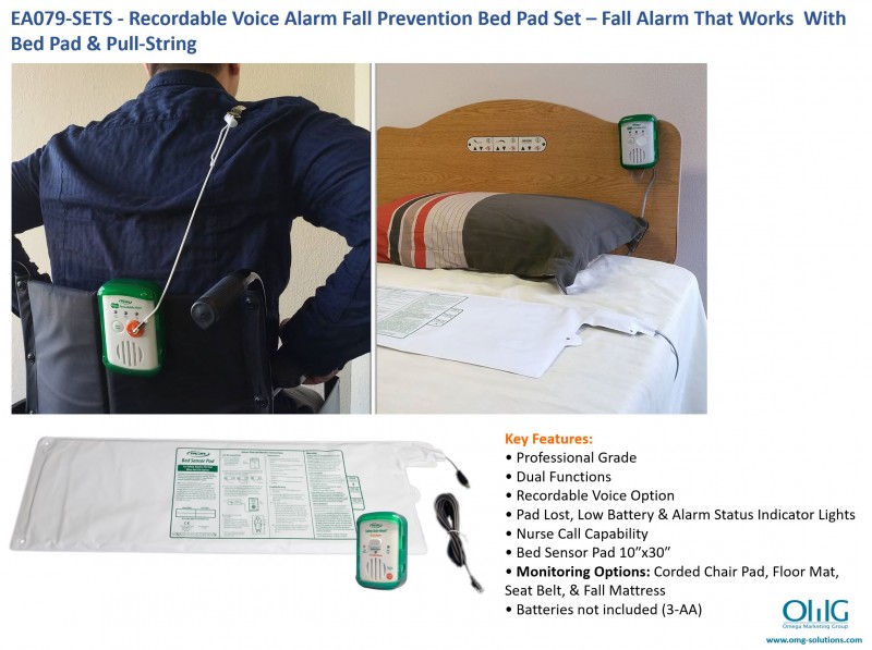 EA079-SETS - OMG Recordable Voice Alarm Fall Prevention Bed Pad Set - Fall Alarm That Works With Bed Pad & Pull-String