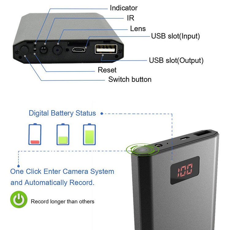 HD 1080P 10000mAh Portable Power Bank Camera, Continuously record for 20Hrs - 6