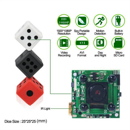 Dice Mini Camera, Motion Detection, 1080P 30fps, Nightvision, SD Card Max 32G - 8