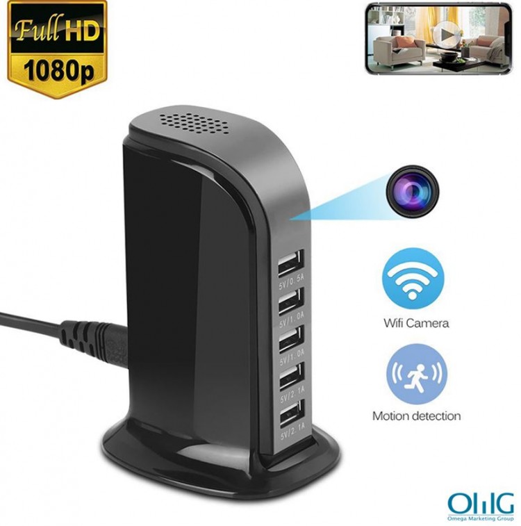 WiFi Spy Hidden 5-USB Port Charger Camera, Motion Detection, Loop Record, Phone Charging