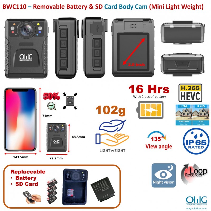 BWC110 – Removable Battery & SD Card Body Camera (Mini Light Weight) v2-0