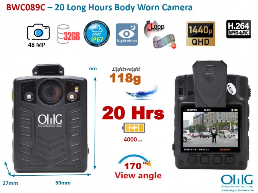 BWC089C – OMG 20 Long Hours Lightweight Police Body Worn Camera (Wide Angle 170-Degree)