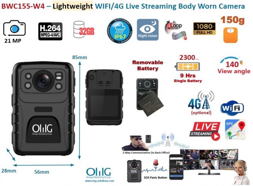BWC155-W4 – Lightweight WIFI-4G Live Streaming Body Worn Camera