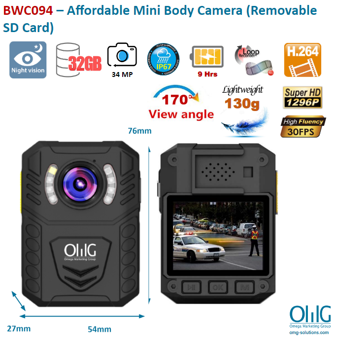 BWC094 - Affordable Mini Body Camera (Removable SD Card)
