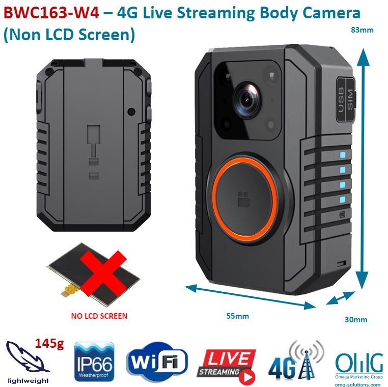 BWC163-W4 - 4G live streaming body camera (non lcd screen)
