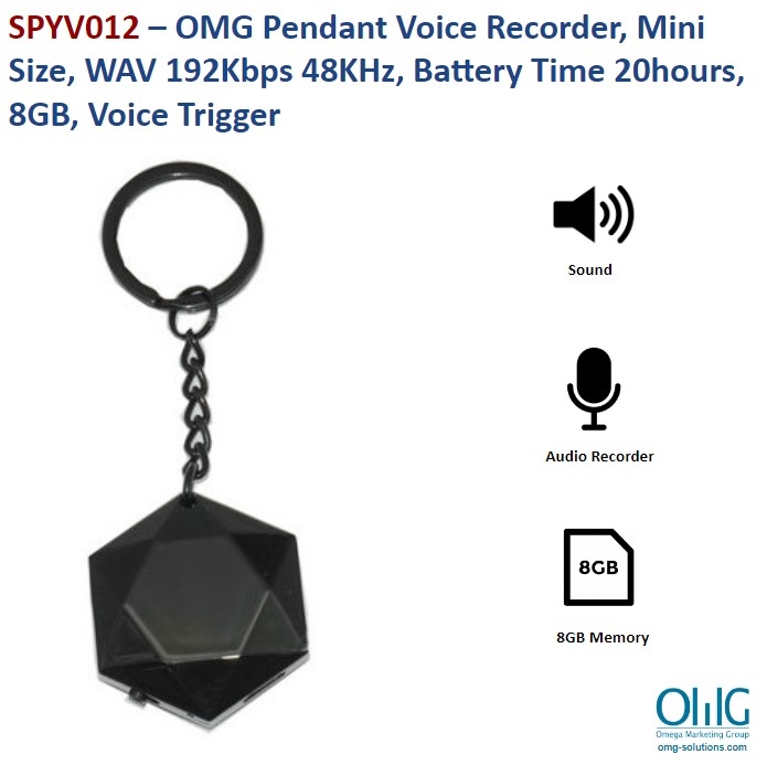 SPYV012 – OMG Pendant Voice Recorder, Mini Size, WAV 192Kbps 48KHz, Battery Time 20hours, 8GB, Voice Trigger