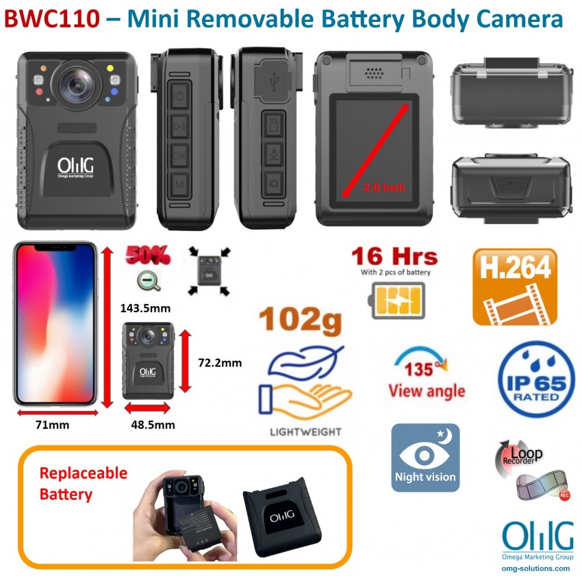BWC110 – Mini Removable Battery Body Camera