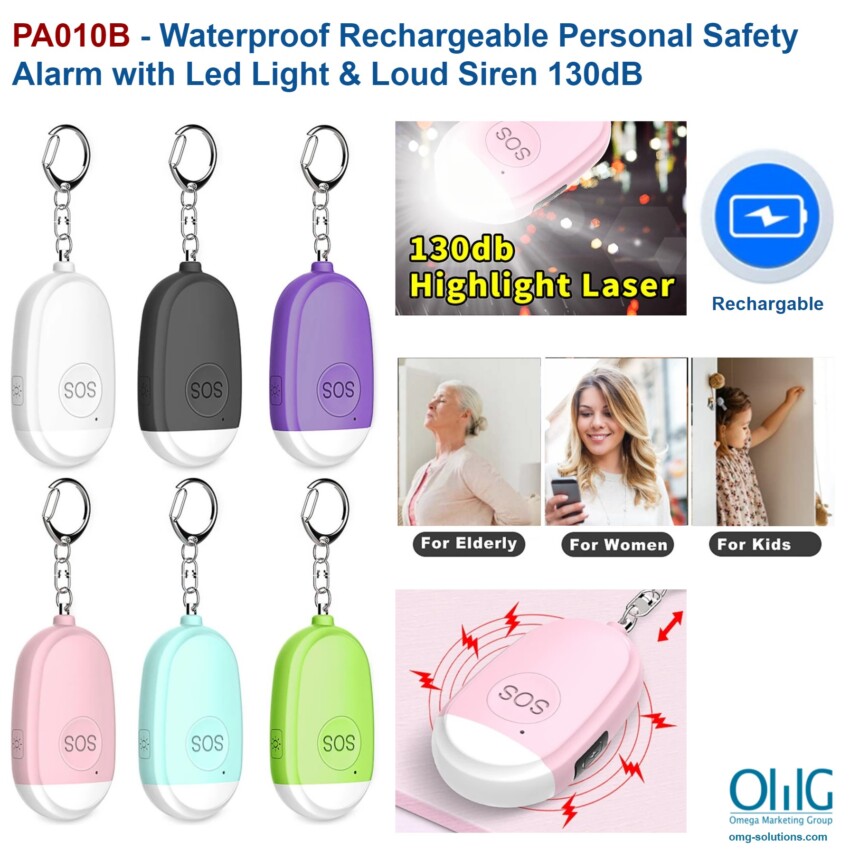 PA010B - Waterproof Rechargeable Personal Safety Alarm with Led Light & Loud Siren 130dB - Main