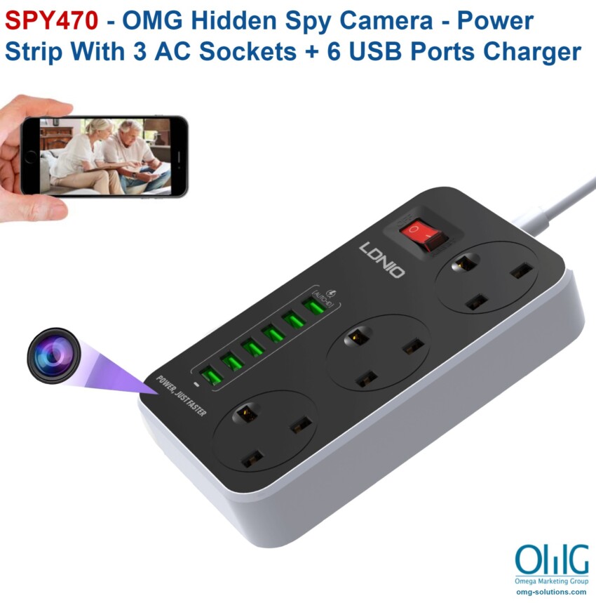 SPY470 - OMG Hidden Spy Camera - Power Strip With 3 AC Sockets + 6 USB Ports Charger - Main page(2)