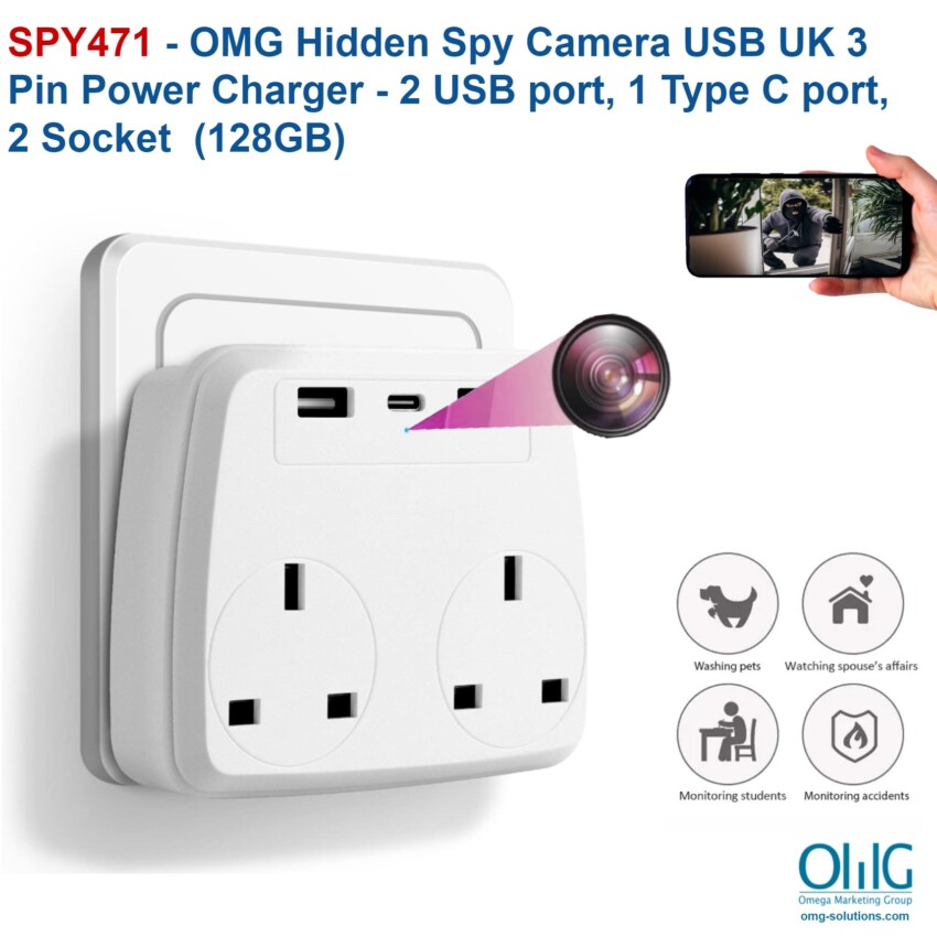 SPY471 - OMG Hidden Spy Camera USB UK 3 Pin Power Charger - 2 USB port, 1 Type C port , 2 Socket - Main Page(1)