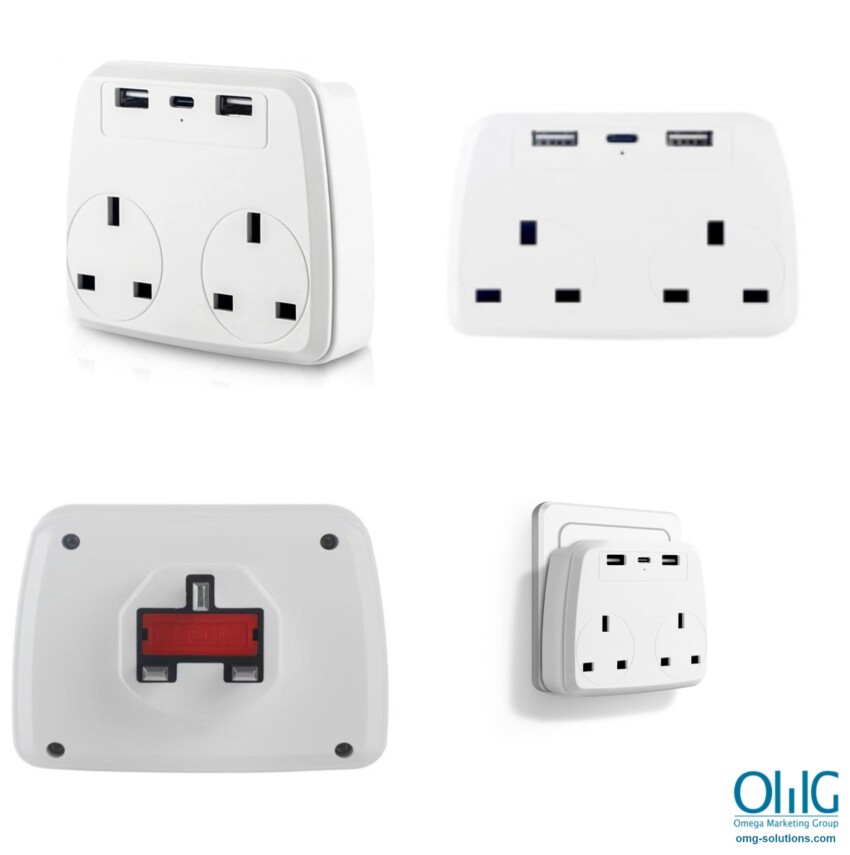 SPY471 - OMG Hidden Spy Camera USB UK 3 Pin Power Charger - 2 USB port, 1 Type C port , 2 Socket - Multi-View