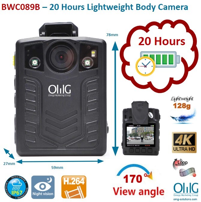 BWC089B – OMG 20 Long Hrs Lightweight Body Worn Cam (Wide Angle 170-Deg)