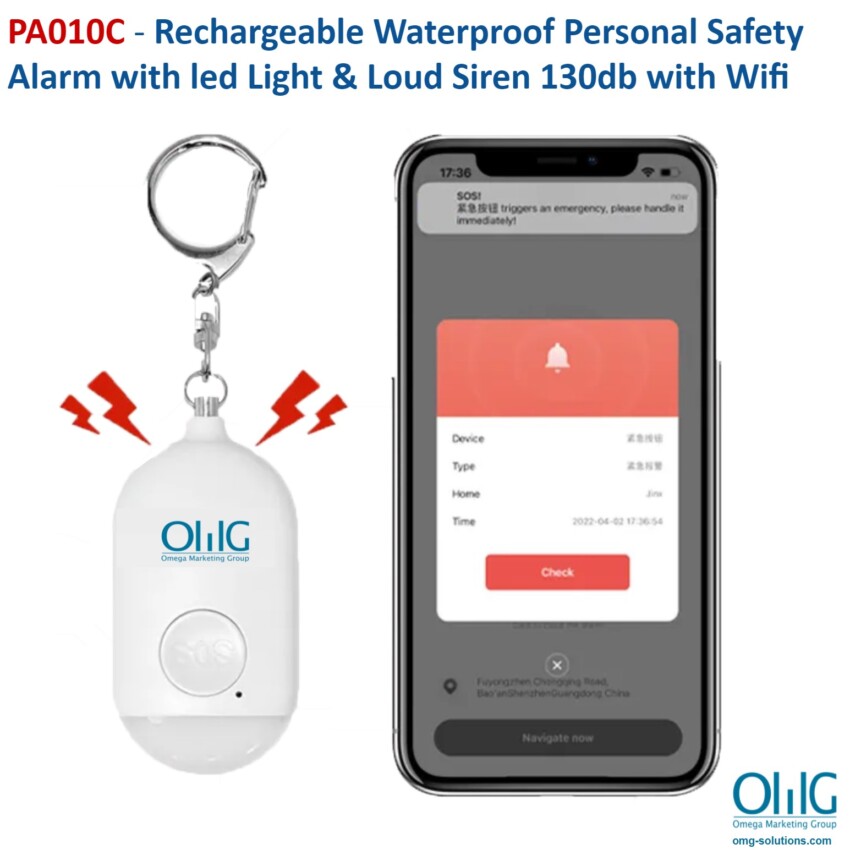 PA010C - Rechargeable Waterproof Personal Safety Alarm with led Light & Loud Siren 130db with Wifi - main page