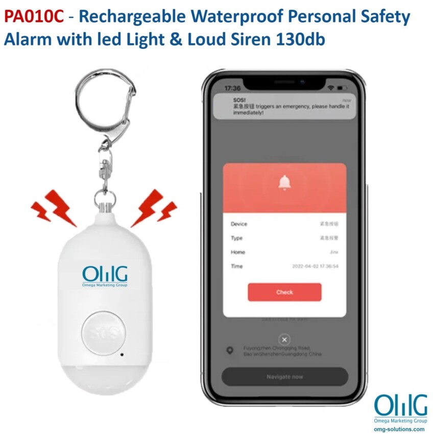 PA010C – Rechargeable Waterproof Personal Safety Alarm with led Light & Loud Siren130db with Mobile App