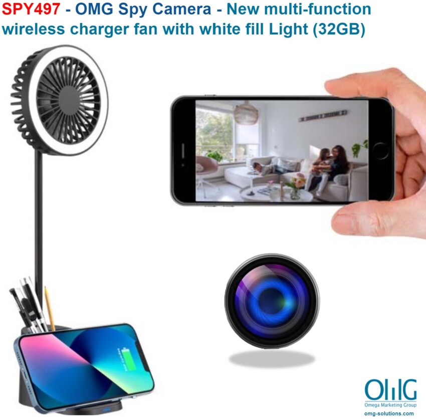 SPY497 - OMG Spy Camera - New multi-function wireless charger fan with white fill Light (32GB)