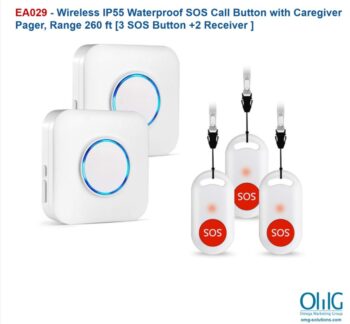 EA029 - Wireless IP55 Waterproof SOS Call Button with Caregiver Pager, Range 260ft - 3B & 2R