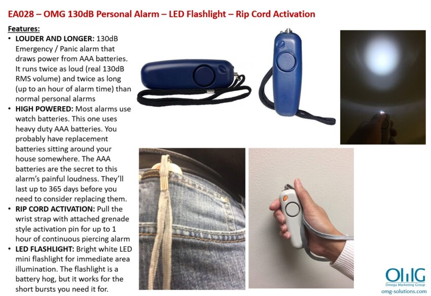 EA028 – OMG Summary of 130dB Personal Alarm – LED Flashlight